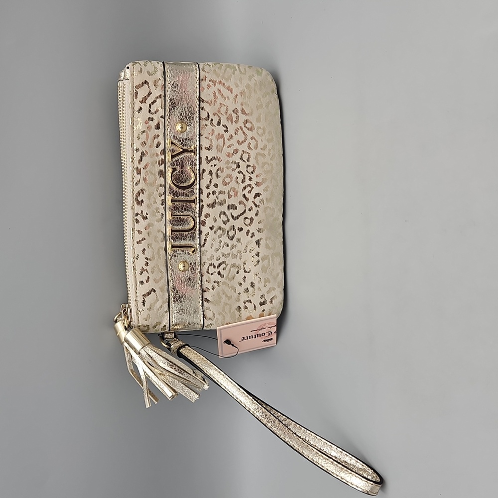 Juicy Couture Leopard Logo Wristlet Gold Silver Wallet Bag